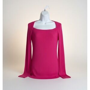 New Anne Klein Sweater XL Pink Blossom Wool Blend Ribbed Knit Portrait Neck